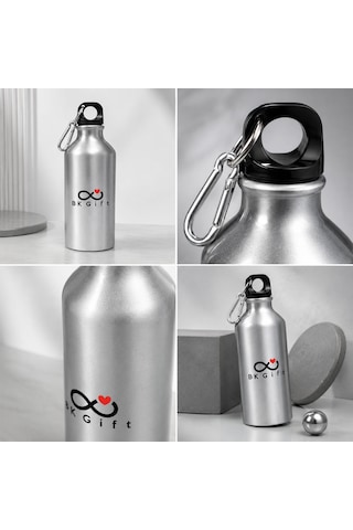 Logonuza Özel 5 Adet Kancalı Spor Su Matarası 600 Ml Alüminyum Kurumsal Matara Gümüş