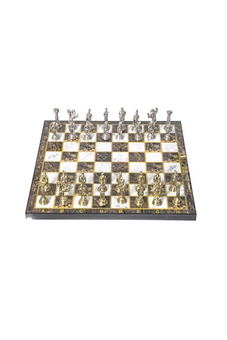 Lüks Metal Satranç Takımı Krom Kaplama Roma Ordusu Figür & Kehribar Mermer Desenli Tahta 20 Cm.