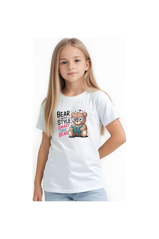Fyk Kids Kız Çocuk Basic Bear Stayle Baskılı T-shirt Beyaz