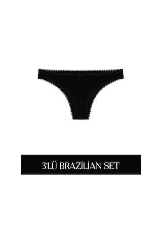 Cotvie Siyah Pamuklu Brazillian 3'lü Set Külot Siyah