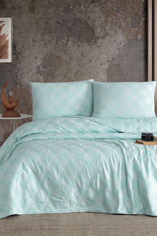 Enlora Home Kareli Saten Çok Amaçlı Örtü Çift Kişilik Mint