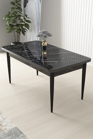 Canisa Nil Serisi Siyah Mermer Desen 70x110 Sabit Yemek Masası Metal Ayak Siyah Mermer Desen Masa