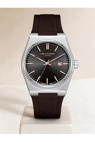 Lee Cooper Kahverengi Silikon Kayış Füme Kadran 40 Mm Yuvarlak Erkek Kol Saati, Bileklik Hediyeli Gümüş