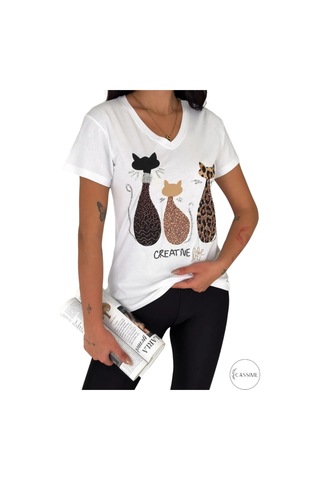 Cassime Kadın Beyaz V Yaka Kedi Leopar Pul Payet İşlemeli %100 Pamuk Tişört Büyük Beden Xl-2xl-3xl