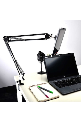 Masaüstü Telefon & Tablet Tutucu 360 Dönen Başlık, Çift Teleskopik Kol 73cm Ayarlanabilir Kelepçe