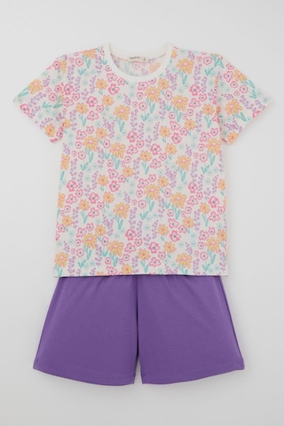 Breeze Kız Çocuk Şortlu Pijama Takımı Renkli Çiçek Desenli 4-8 Yaş, Beyaz