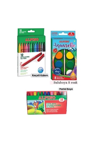 Okul Kırtasiye Seti 15 Parça 1 Paket Alpino Keçeli Kalem Kuruboya Pastel Boya Oyun Hamuru Makas Stick Yapıştırıcı