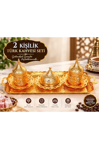 Osmanlı Motifli Türk Kahve Takımı Tepsili Metal Sarı 2 'li