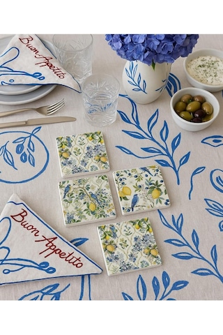 Limon Ve Kuş Desenli Doğal Taş Bardak Altlığı 4 Lü Set, Yazlık Sunum Ürünü 1