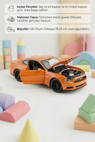 Maisto Lisanslı Metal Ford Mustang GT 2015 1:24 Kapısı ve Kaputu Açılabilir Oyuncak Model Araba