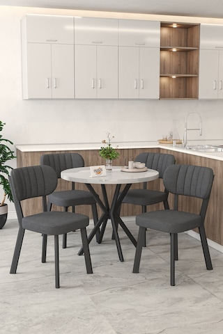 Gnr 90cm Sabit Beyaz Mutfak Masası Takımı, Yemek Masası, 4 Modern Antrasit Sandalye Antrasit