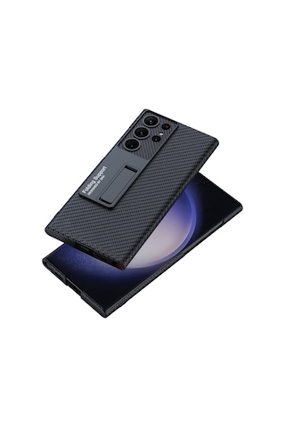 Galaxy Uyumlu S24 Ultra Kılıf Kılıf Karbonfiber Suni Deri Görünümlü Kıpta Standlı Kapak