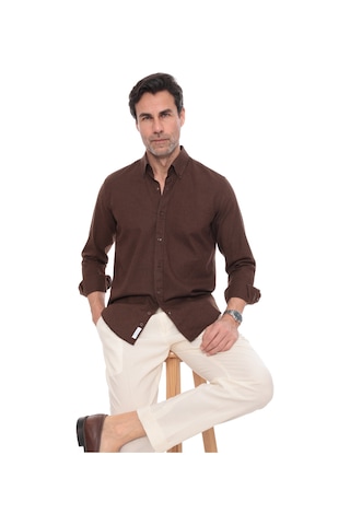 Slim Fit Uzun Kol Yaka Düğmeli Nefes Alan Keten Hediye Kutulu Erkek Gömlek Fs-004548 - Koyu Kahve-3239