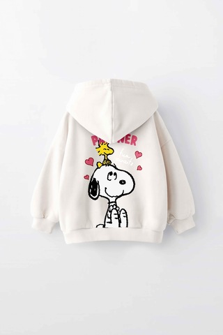 Kız Çocuk Snoopy Baskılı Kapüşonlu Manşetli Sweatshirt Krem