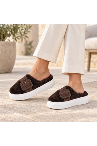 Erma Soft Buckle Kadın Peluş Tokalı Kapalı Burun Platform Terlik Kahverengi
