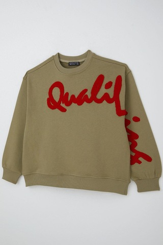 Locoloco Kız Çocuk Sweatshirt Kabartma Yazı Baskılı 9-14 Yaş, Haki Yeşil Haki Yeşil