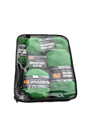 Samdoo Araç Temizleme Seti - 9 Parça Mikrofiber Bez, Eldiven Ve Sünger Yeşil
