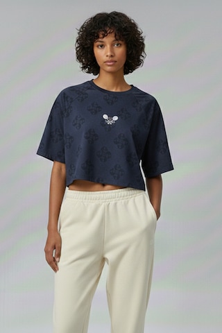 Soft&Basic Kadın Nakışlı %100 Organik Pamuk Bisiklet Yaka Kısa Crop T-shirt Lacivert