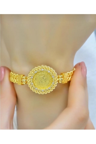 Çeyrekli Halat Örgülü Kelepçe Sarı Altın