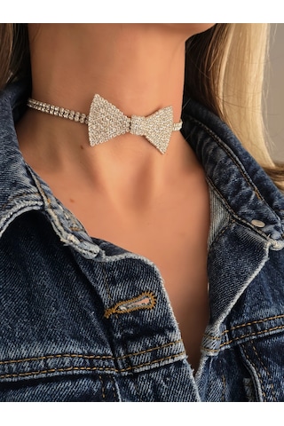 Papyon Model Rhinestone Choker Tasma Model Gümüş Renk Kolye Silver Çok Renkli