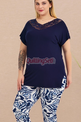 Lady Lacivert Beyaz Renk, Çiçek Desenli 10734 Pamuklu Büyük Beden Tayt Ve Kapri Anne Pijama Takımı - 4xl Lacivert - Beyaz