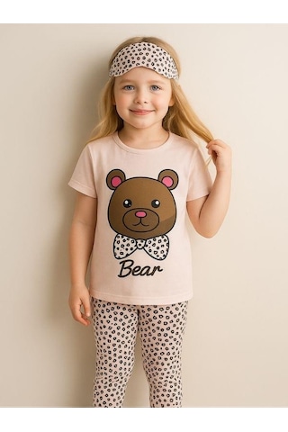 Kız Çocuk Pamuklu Kısa Kol Ayıcık Desenli Pijama Takımı Uyku Bandı Dahil -16055 Pembe