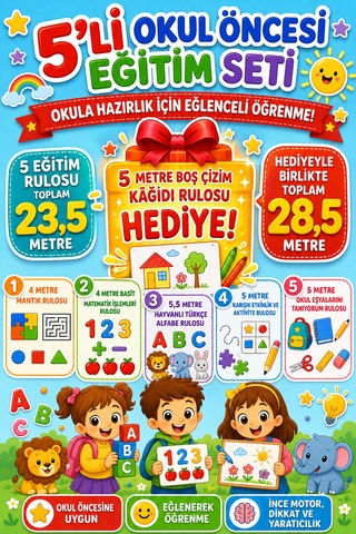 Haydi Dekor 5 Li Okul Öncesi Eğitim Rulosu Seti + 5 Metre Hediye Boş Çizim Rulosu Toplam 28,5 Metre Mantık, Matematik, Hayvanlı Türkçe Alfabe, Okul Eşyaları Ve Karışık Etkinlik Seti 1 Paket