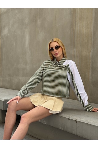 Kadın Özel Tasarım Yaka Koldan Giymeli Düğmeli Çizgi Garnili Crop Boy Tesettüre Uygun Bluz Gömlek Haki