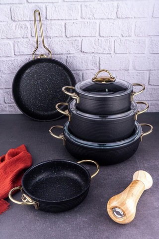 Bambum Node - 8 Parça Tencere Seti Siyah Siyah - Altın