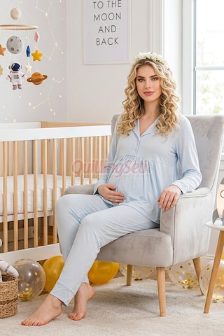 Lady Bebe Mavi Renkli Kol Ve Paçaları Manşetli, 33202 Uzun Kol, 2 Parça Lohusa Hamile Pijama Takımı Açık Mavi