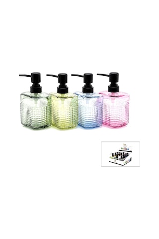 Alvetro Alv-06 Şeffaf Renkli Cam Sıvı Sabunluk 420 Ml - Dikdörtgen Çizgili Şişe- 12'li Paket Diğer