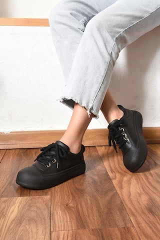 Shoetek Alyona Kadın Sneakers Halat Bağcıklı Spor Ayakkabı Siyah Deri