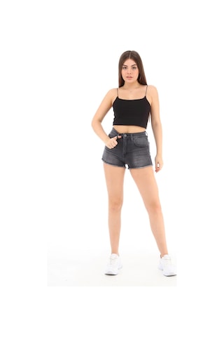 Cedy Denim Kadın Yüksek Bel Yırtlıklı Ve Yıpratmalı Paçası Püsküllü Kot Şort Mini Jean Şort C603 Antrasit