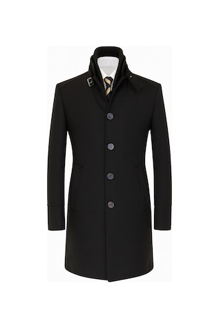 Erkek Slim Fit Kaşe Kaban Çıkarılabilir Ribanalı Fermuarlı Yaka, S Xxl Siyah