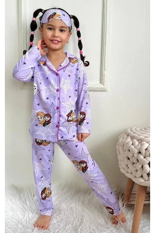 Lillypicca Kız Çocuk Desenli Pamuklu Önden Düğmeli Göz Bantlı Uzun Kol Pijama Takımı 9031 Lila