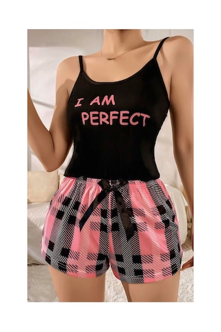 Ruselin Kadın Kare Desenli Askılı Şortlu Pijama Takım-siyah-l/xl - 9086506567927