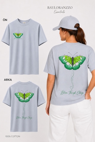 Bayloranzzo Love Of Butterfly %100 Pamuk Heavy Cotton Premium Kalite Kadın Tişört Gri