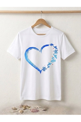 Mavi Kalp Baskılı Kompak T-shirt Beyaz