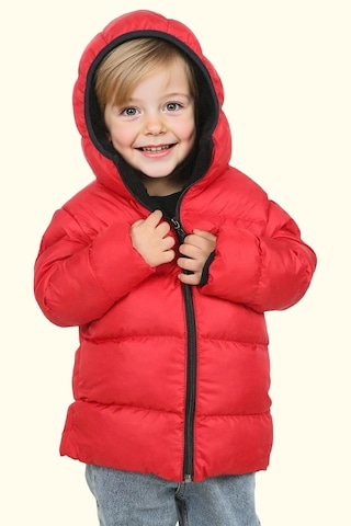 Erkek Çocuk Polarlı Kürklü Kapüşonlu Su Geçirmez Rüzgara Dayanıklı Şişme Kışlık Mont Kaban Kırmızı