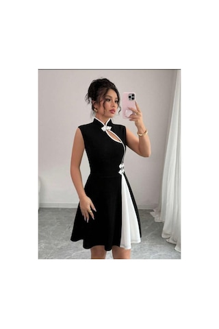 Butik İstanbul Kadın Yarım Balıkçı Yaka Pencere Dekolte Ve Çift Renk Detay Mini Elbise Siyah