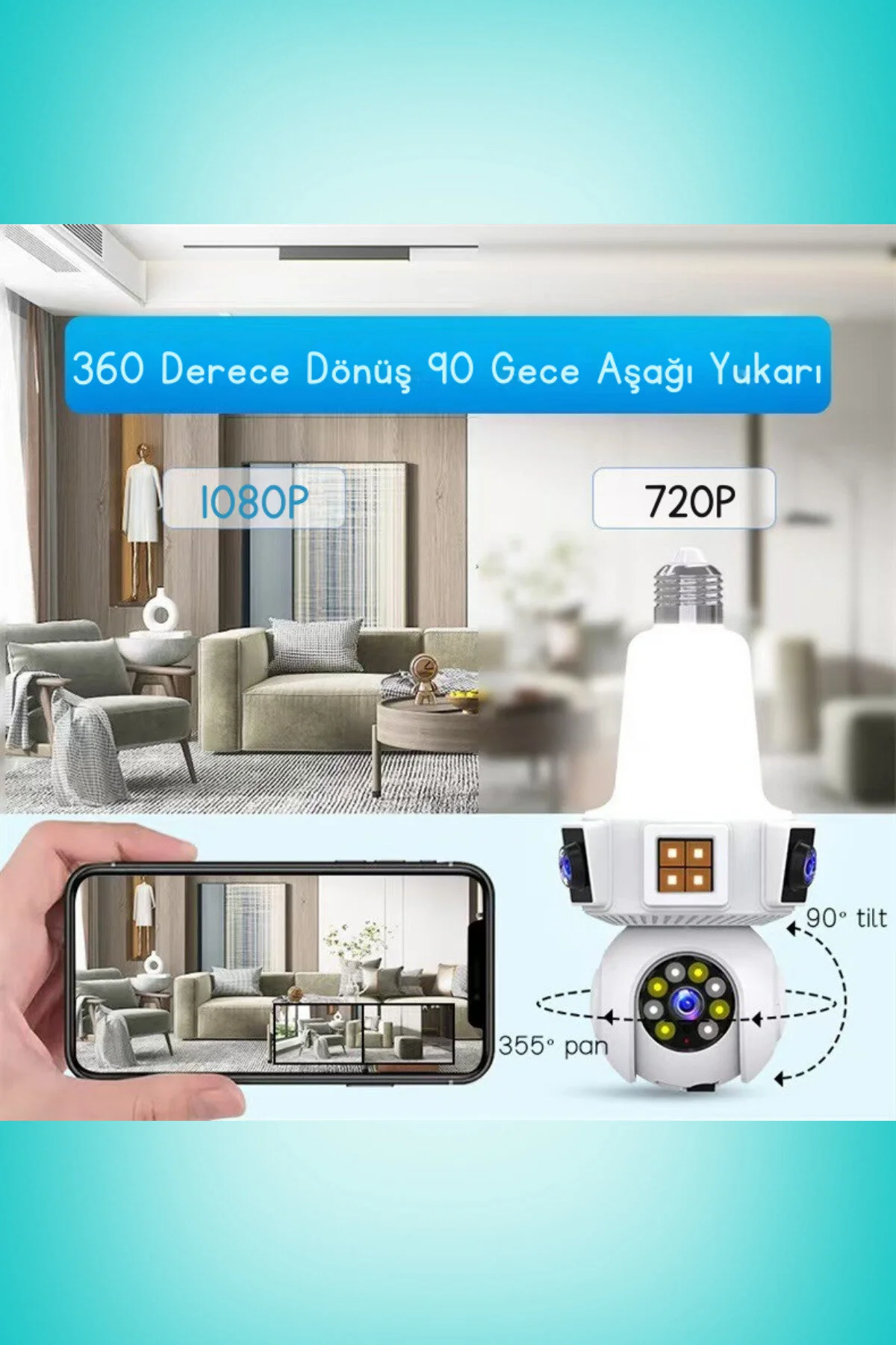 3 Kameralı Duy İle Çalışan 360 Dönebilir Geniş Açı Hareketi Bildiren Ampul Kamera