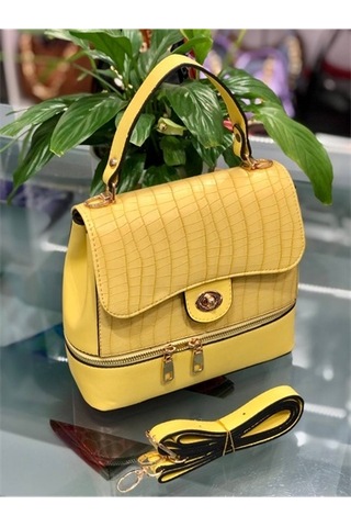 Sentt Damarlı Alttan Fermuarlı Düğmeli Çanta Sarı