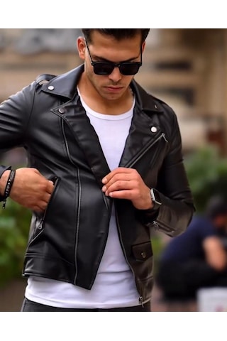 Prifaldi Erkek Biker Kemerli Deri Ceket Siyah
