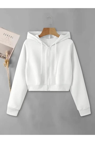 Altamira Kadın Fermuarlı Oversize Kapşonlu Crop Hırka 001
