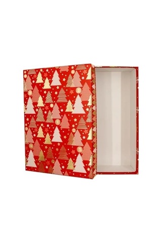 Kırmızı Noel Temalı Kapaklı Hediye Kutusu - 27x19x7 Cm