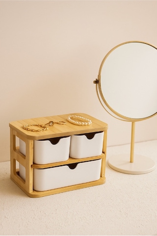 Doğal Bambu Çok Amaçlı 3 Gözlü Çekmeceli Organizer Br-6711 Beyaz