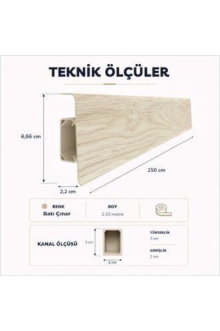 Esquero Kablo Kanallı PVC Süpürgelik 250 cm, Açılabilir Kapaklı, Batı Çınar, ESQ605