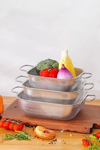 Olla Gümüş Paslanmaz Çelik Kevgir Karıştırma Kasesi Salata Makarna Sebze Meyve Süzgeç 35x27 Cm Gümüş