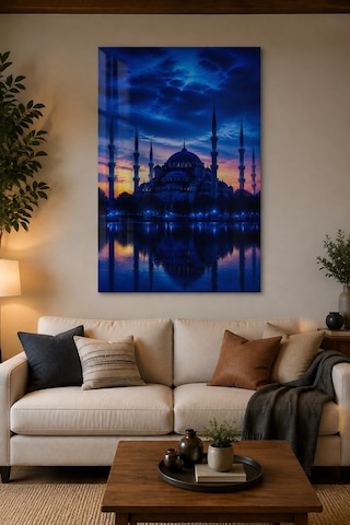 Sultanahmet Camii Baskılı Cam Tablo Mavi Akşam Uv Baskı Duvar Dekoru