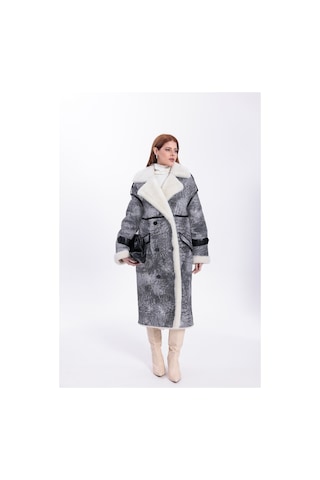 M M Marki Marki Kadın Hakiki Deri Uzun Palto Gri Eskitme Oversize Kruvaze Düğmeli İçi Kürklü 115 Cm - 119522 Gri Vintage